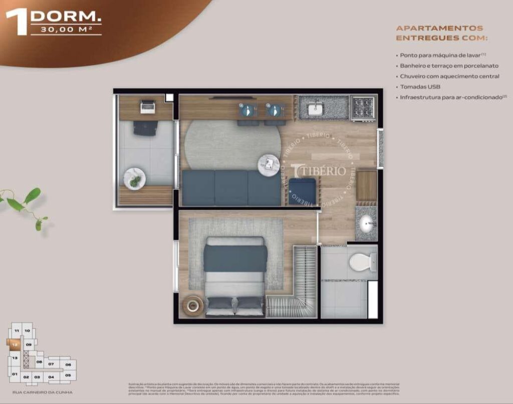 Imagem da planta opção de um dormitório de 30m² no Blend Saúde com todos os ambientes bem distribuídos