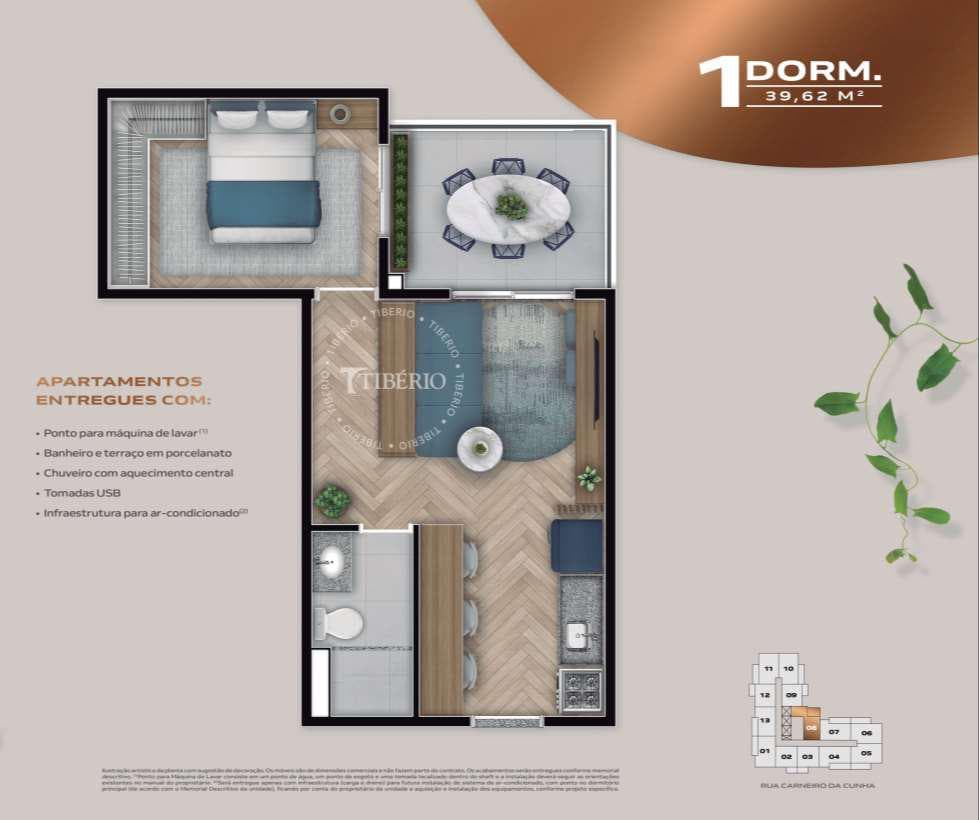 Imagem da planta opção de um dormitório de 39,62m² no Blend Saúde com bom espaço para armário. A varanda fica ao lado do quarto e da sala, tem bom tamanho, cabendo até uma mesa para 6 pessoas