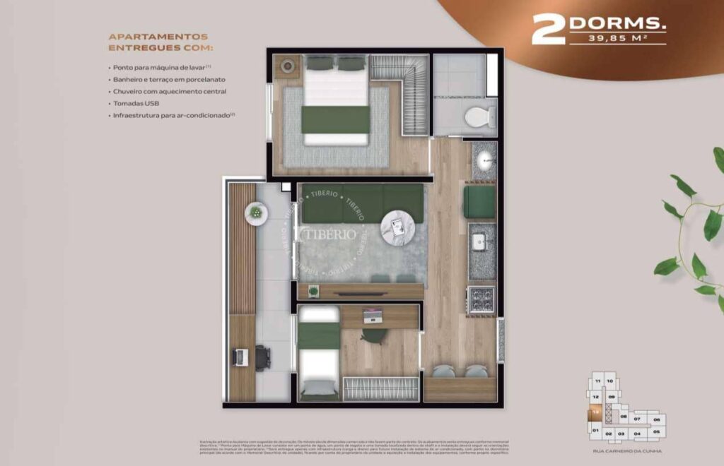 Imagem da planta opção de 2 dormitórios com 39,85m² no Blend Saúde. Boa distribuição de ambientes. Cada quarto fica em uma extremidade da planta, o que dá bastante privacidade aos moradores.