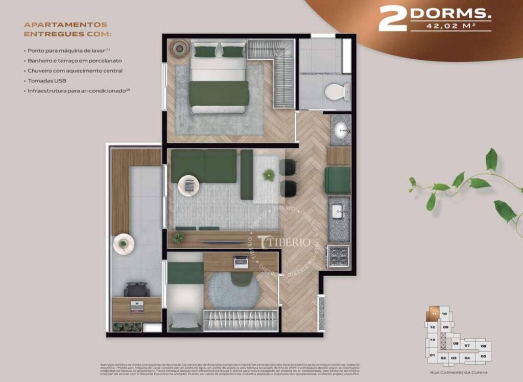 Imagem da planta opção de 2 dormitórios com 42m² no Blend Saúde. Boa distribuição de ambientes. Cada quarto fica em uma extremidade da planta, o que dá bastante privacidade aos moradores.